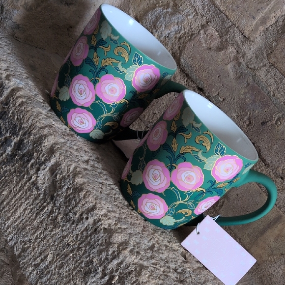 Petal & Pearl Other - PETAL & PEARL I NWT Set of 2 Soft Touch Pink, Green, & Gold Floral Coffee Mugs